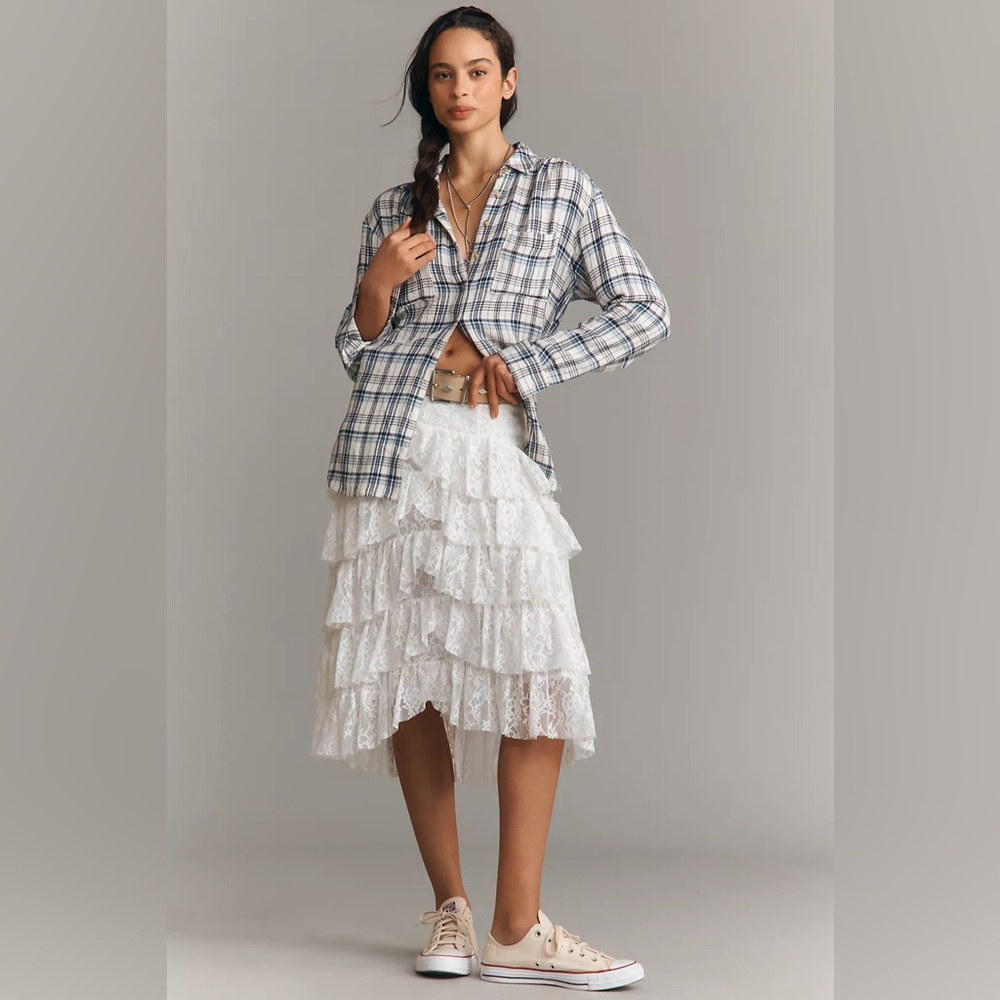 NWT! By Anthropologie Ivory Tiered Lace Midi Skirt - Multiple 👝